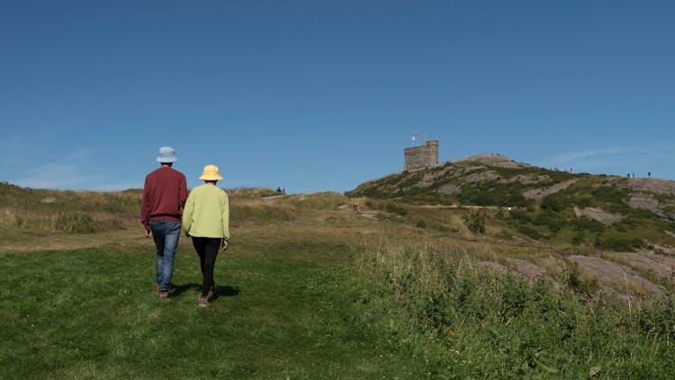 Back View Of A Couple Walking On A Grass Field 