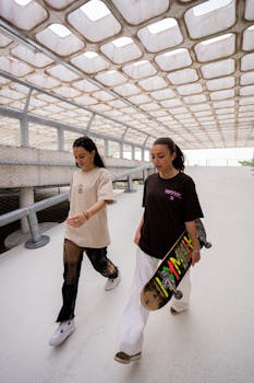 Two women walking with skateboards in an urban setting in Bordeaux, France.