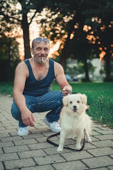 Elderly man with sunglasses and dog in park at sunset, squatting and smoking.