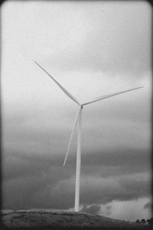 Black and White Photo of a Wind Turbine