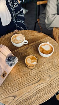 Three artistic coffee cups on a rustic wooden table, creating a cozy café ambiance.