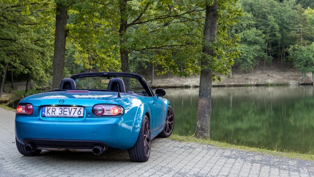 A blue convertible car parked by a scenic lake in Počúvadlo, Slovakia, surrounded by lush trees.
