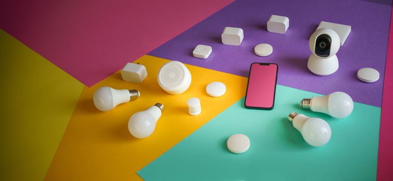Smart home IoT devices including bulbs, a security camera, and wireless sensors