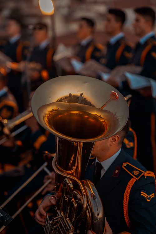 Free A military band musician plays brass horn in Ankara, showcasing musical talent. Stock Photo