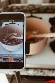 Smartphone captures cooking steps on stovetop in kitchen.