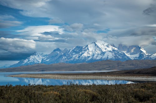 Landscape of the Sarmiento Lake and Mountains in the Torres del Paine National Park, Chile 
