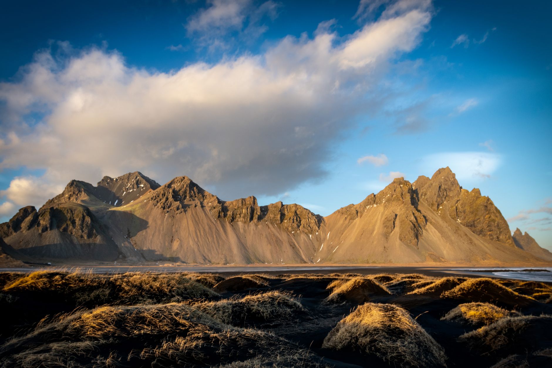 View from Stokksnes with Vestrahorn mountain and black sand