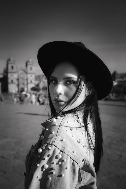 Woman in Hat in Black and White