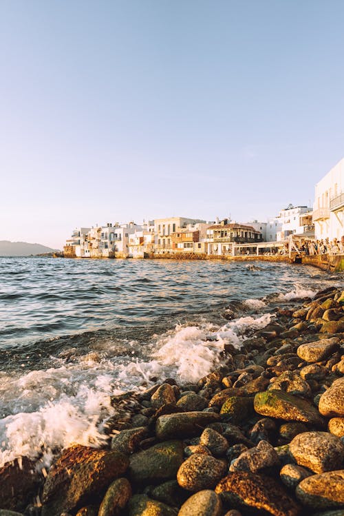 View of the Shore and Waterfront Buildings on Mykonos, Greece