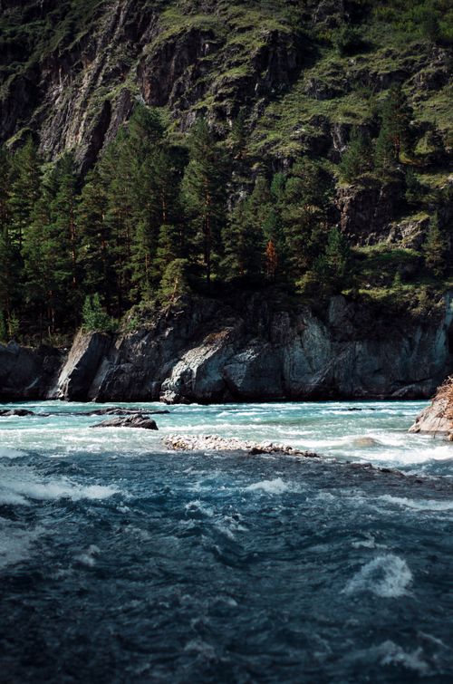 Free Serene river with lush forest and rocky cliffs in a stunning natural landscape. Stock Photo