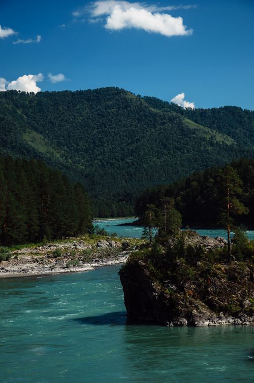 Free Peaceful river winds through vibrant forest and mountains under clear blue sky. Stock Photo