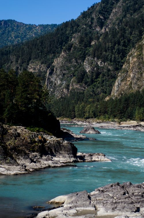 Free Tranquil river with blue waters winding through a rocky valley surrounded by coniferous forests. Stock Photo