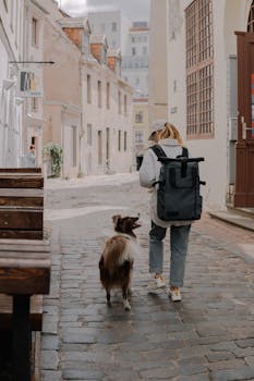 Woman and dog walking on cobblestone street in scenic Riga, Latvia old town. Urban exploration vibe.