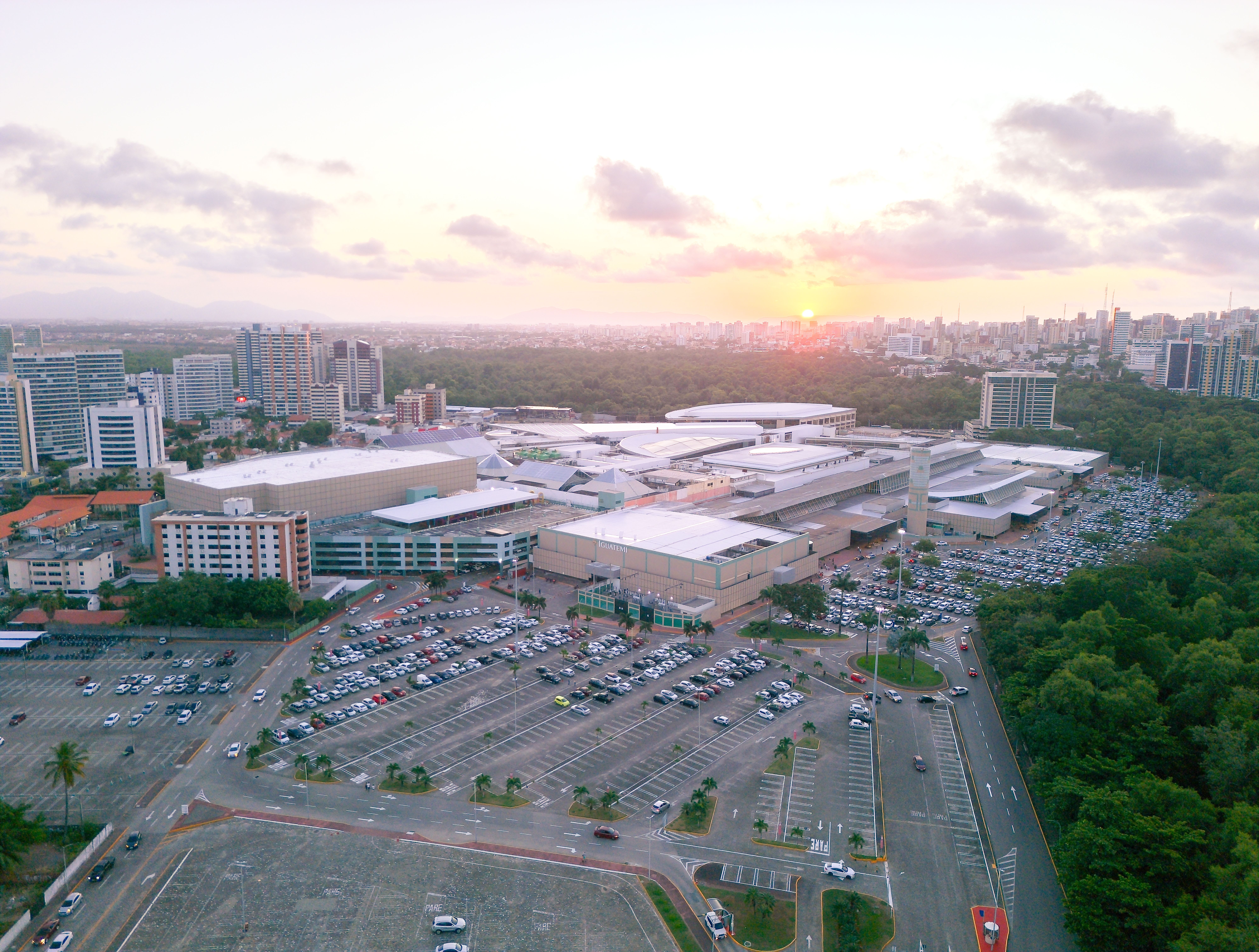 Bird's eye view of Fortaleza's urban landscape with lush forest and city buildings at sunset.