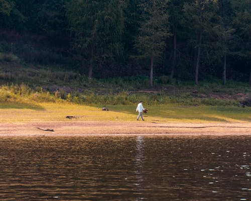 Man Walking Along the Lake Shore
