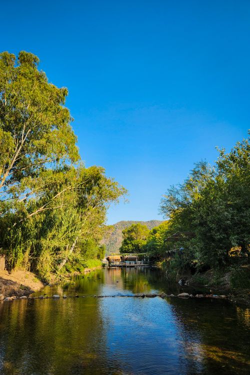 Free Peaceful river surrounded by lush trees under a clear blue sky in Antalya, Türkiye. Stock Photo