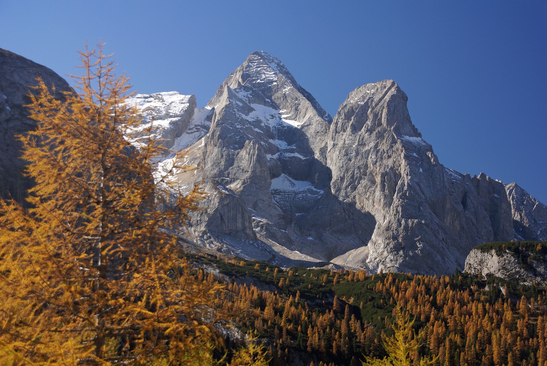 Breathtaking autumn landscape showcasing the Gran Vernel peak with vibrant foliage in the Dolomites.