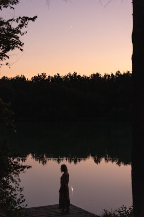 Silhouette of a Person Standing by the Lake in the Evening