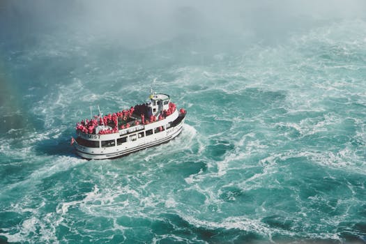 从鸟瞰视角拍摄的尼亚加拉大瀑布旅游船在汹涌水域中穿行，水雾弥漫