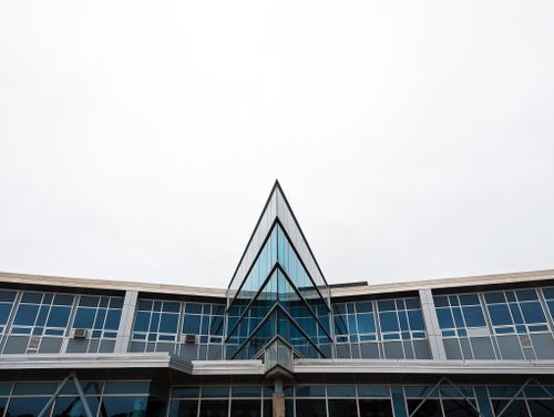 Free Contemporary architecture of Forrester Hall with glass facade in Truro, NS, Canada. Stock Photo