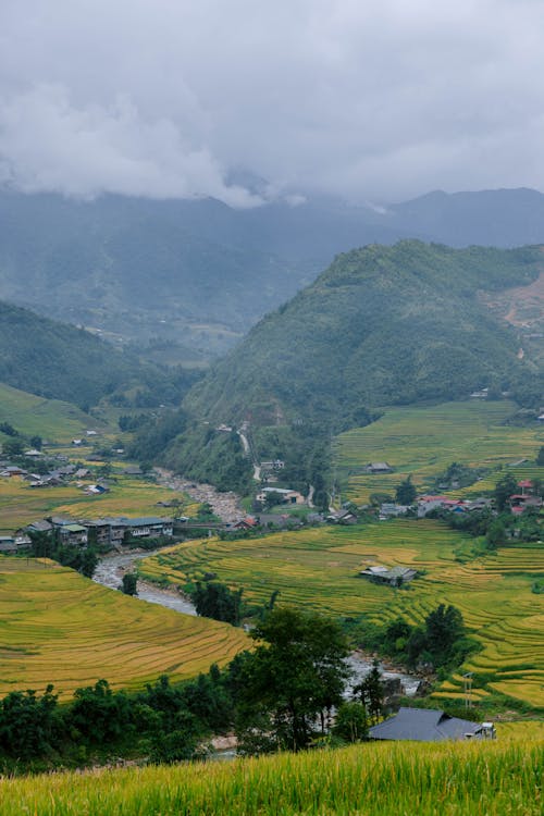 River and Village in Mountains