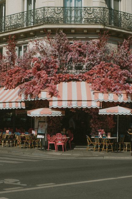 Cafe in Paris adorned with pink flowers and striped awnings on a city street.