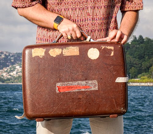 Man Holding Hard Old Suitcase