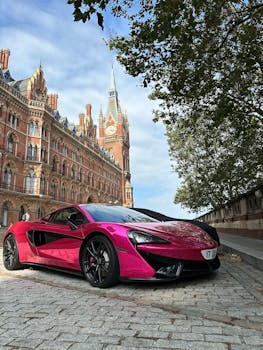 A striking pink sports car parked in front of an iconic historic building on a clear day.