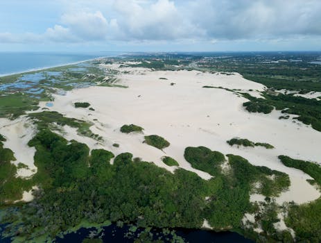 Stunning aerial view of expansive sand dunes near Fortaleza, Brazil, with lush greenery and coastline.