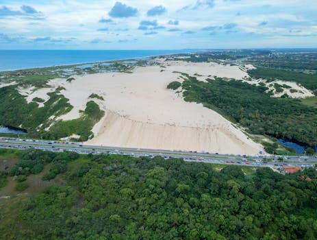 A breathtaking aerial photo of Fortaleza's sand dunes meeting the ocean.