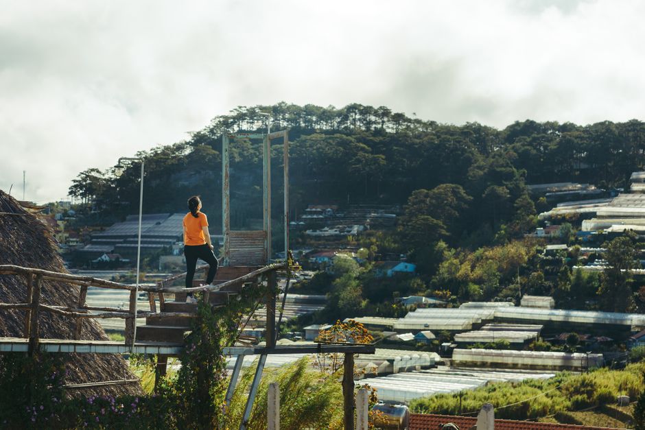 Woman standing on wooden platform overlooking greenhouses in Dalat, Vietnam.