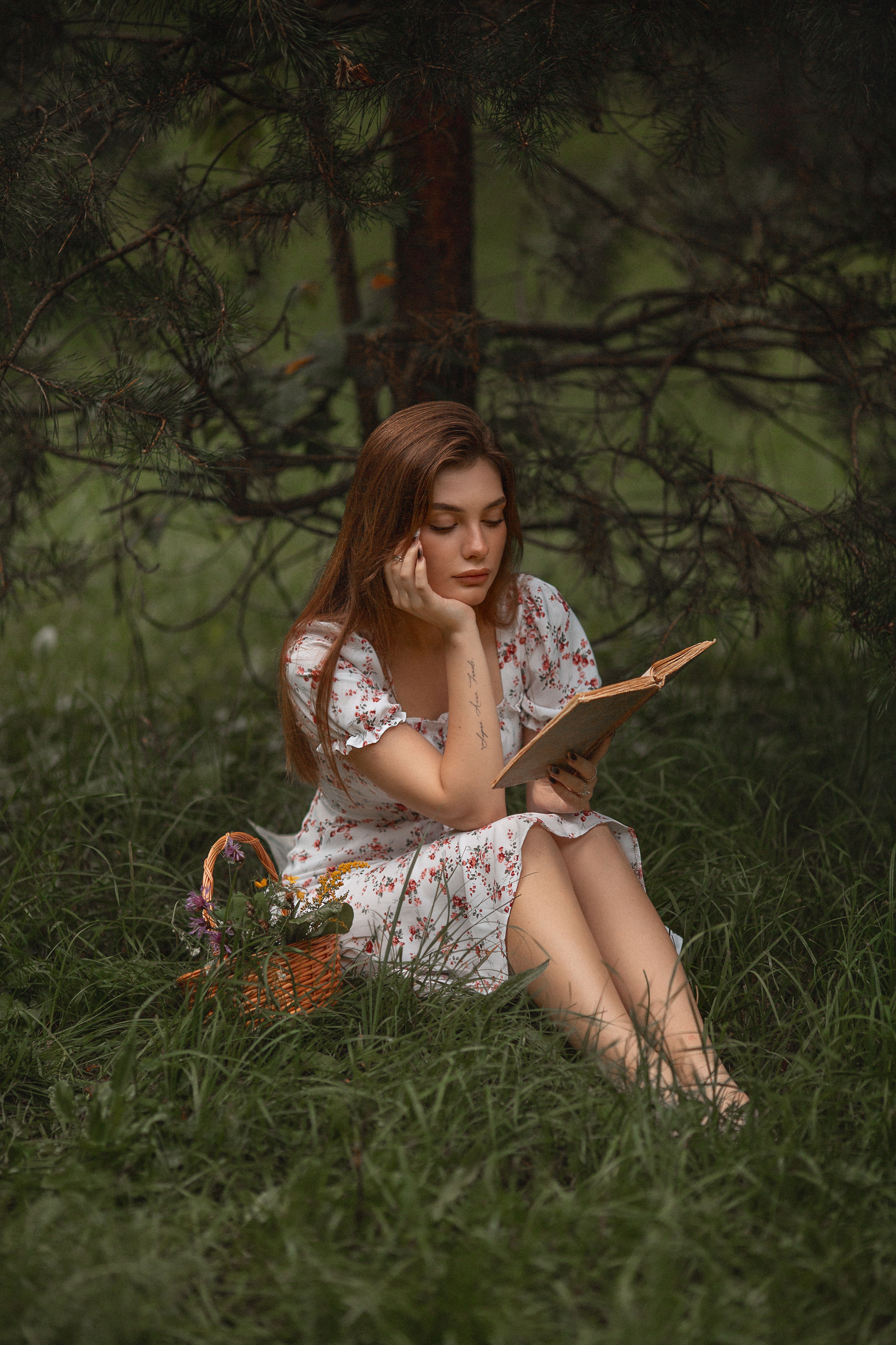 Young Woman in a Dress Sitting on the Grass with a Book · Free Stock Photo