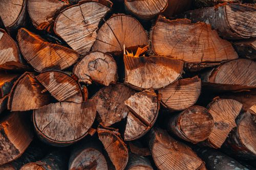 Free Close-up view of a stack of split firewood logs with rich textures and warm tones, perfect for backgrounds. Stock Photo