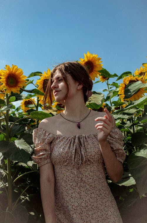 Woman in Sundress on Field of Sunflowers