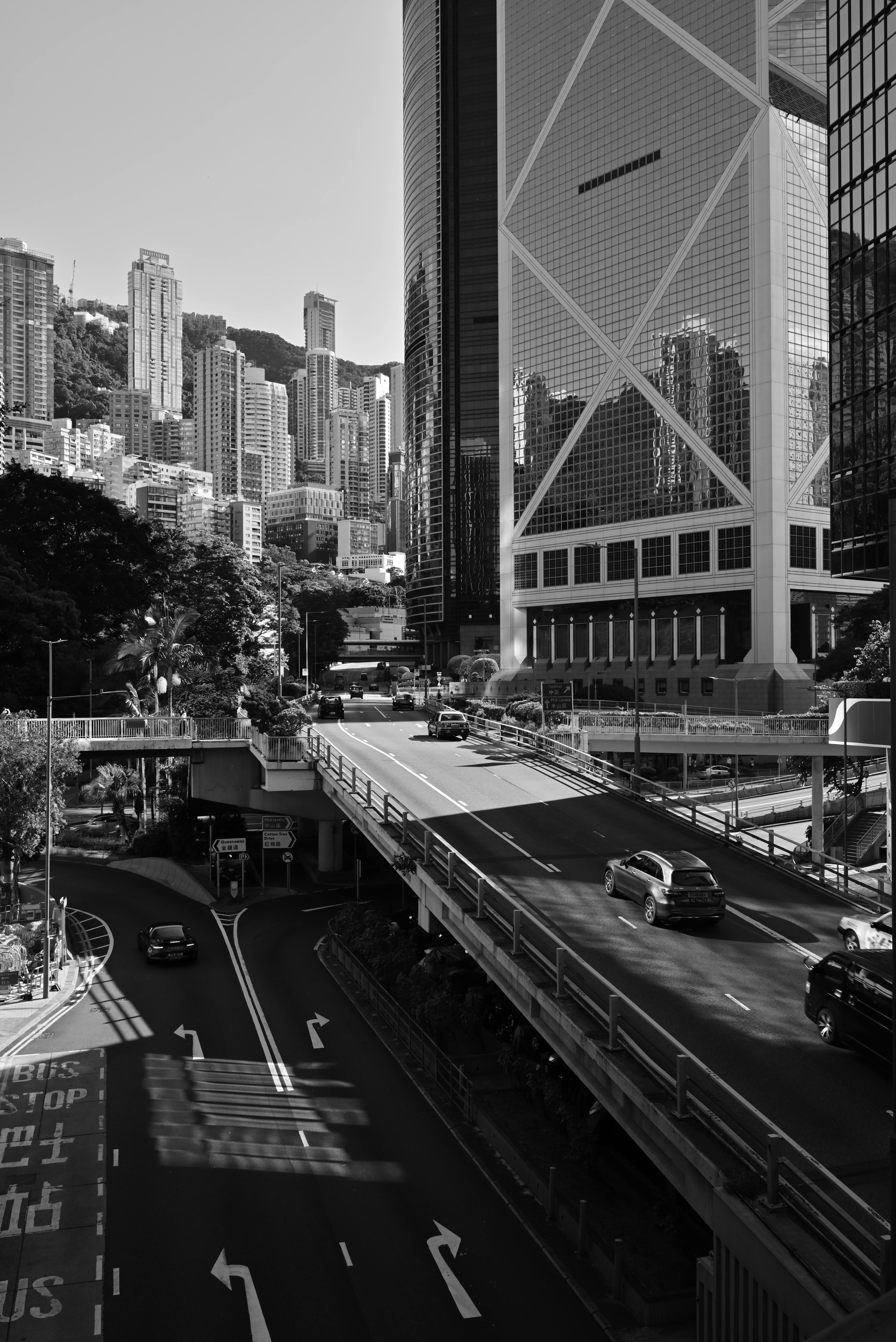 Black and white urban cityscape of towering skyscrapers and bustling streets.