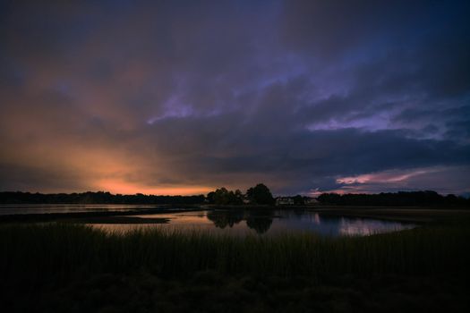 Captivating twilight view of peaceful Cove Island Park waterscape in Stamford, CT.