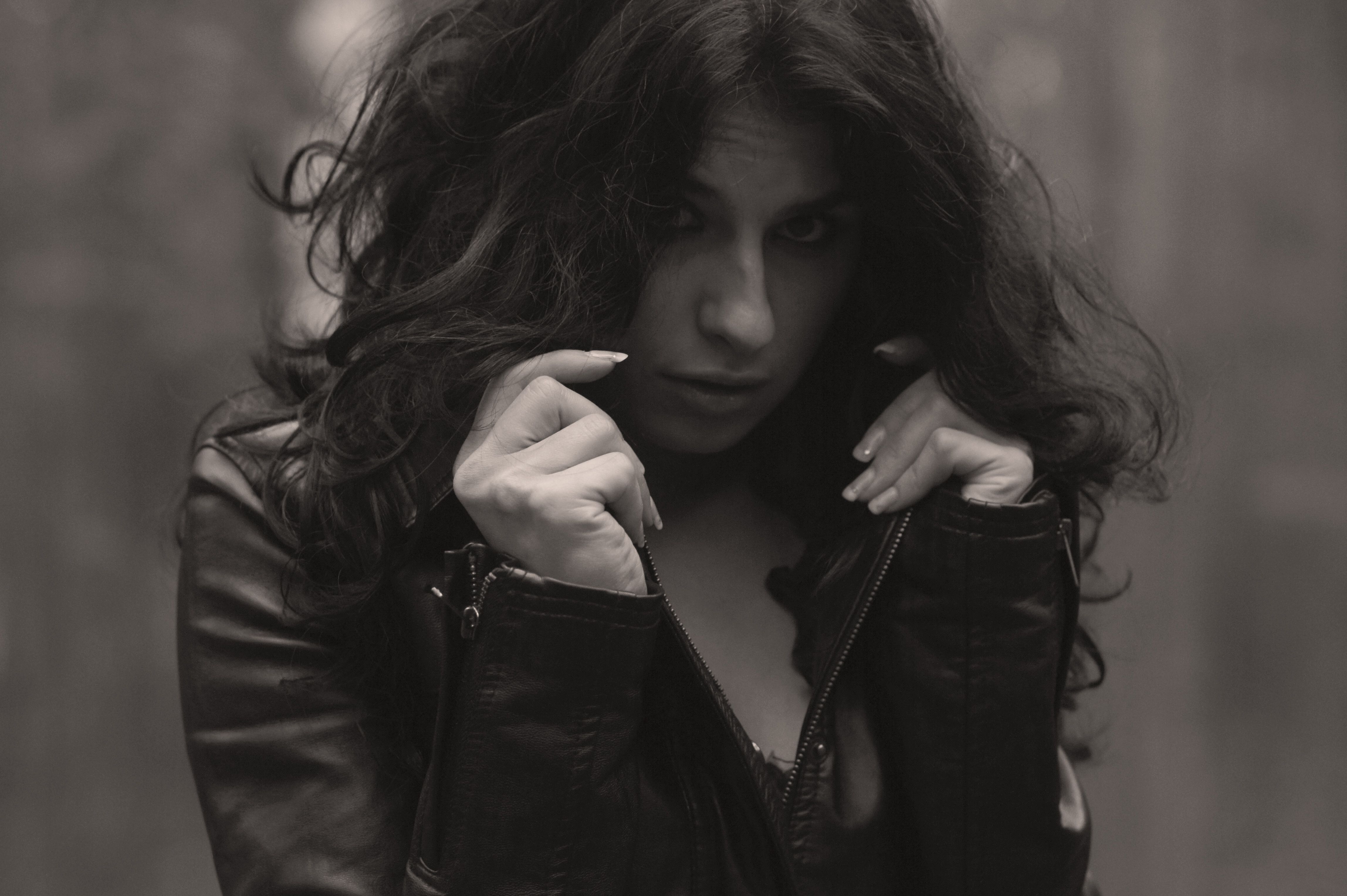 Woman in Leather Jacket in Black and White · Free Stock Photo