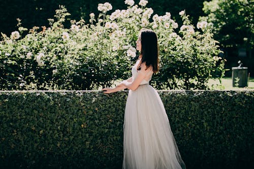 Bride Standing by Hedge in Park
