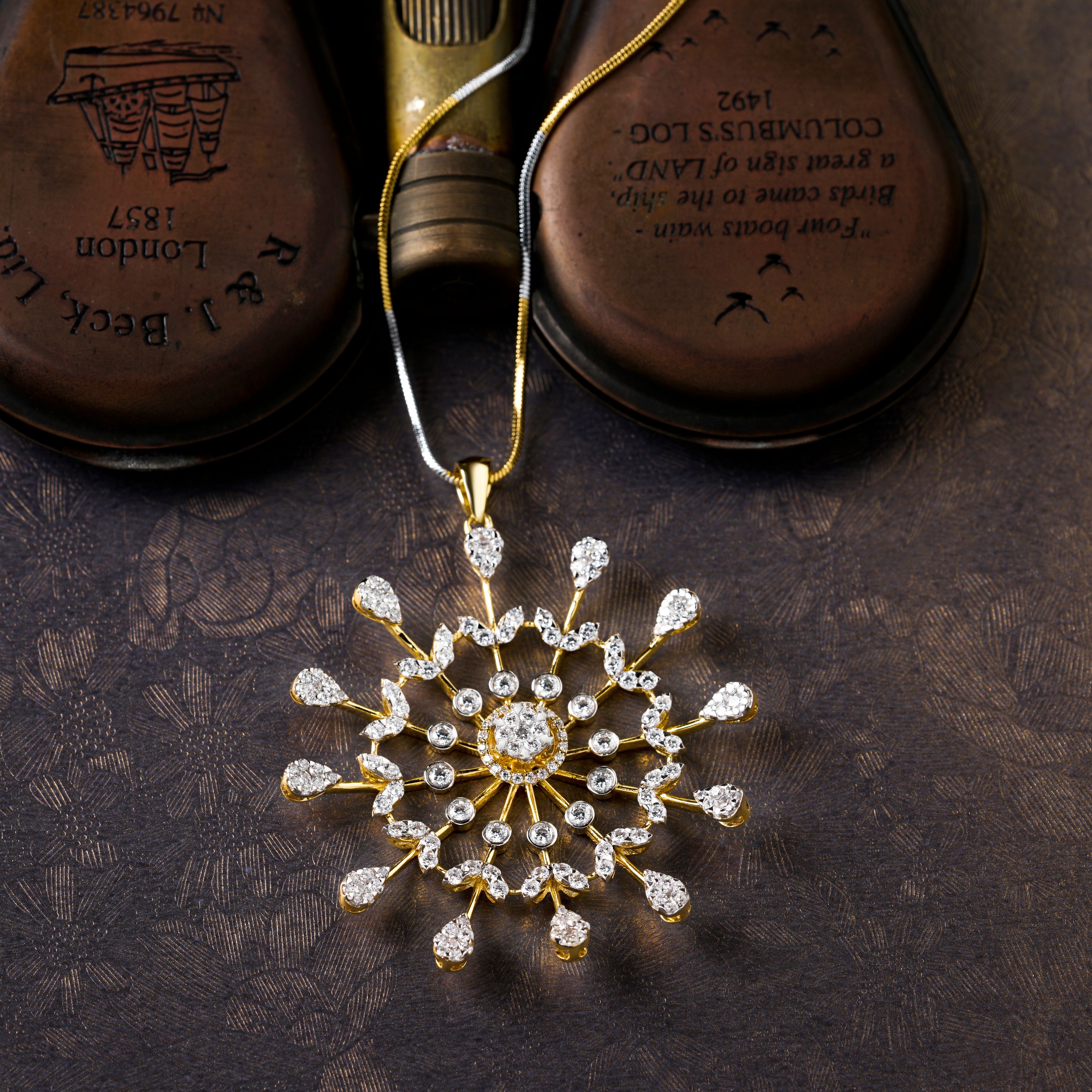 Stunning diamond necklace with gold details on a vintage textured surface. Ideal for luxurious themes.