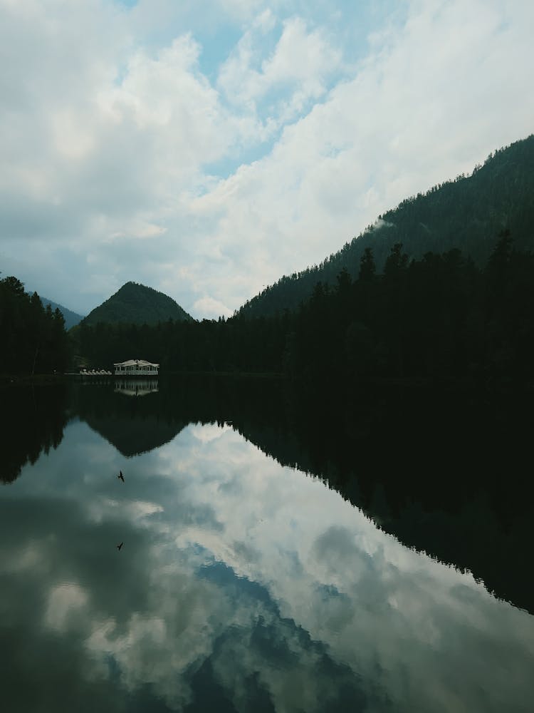 A Calm Lake Reflecting The Trees And Mountains 