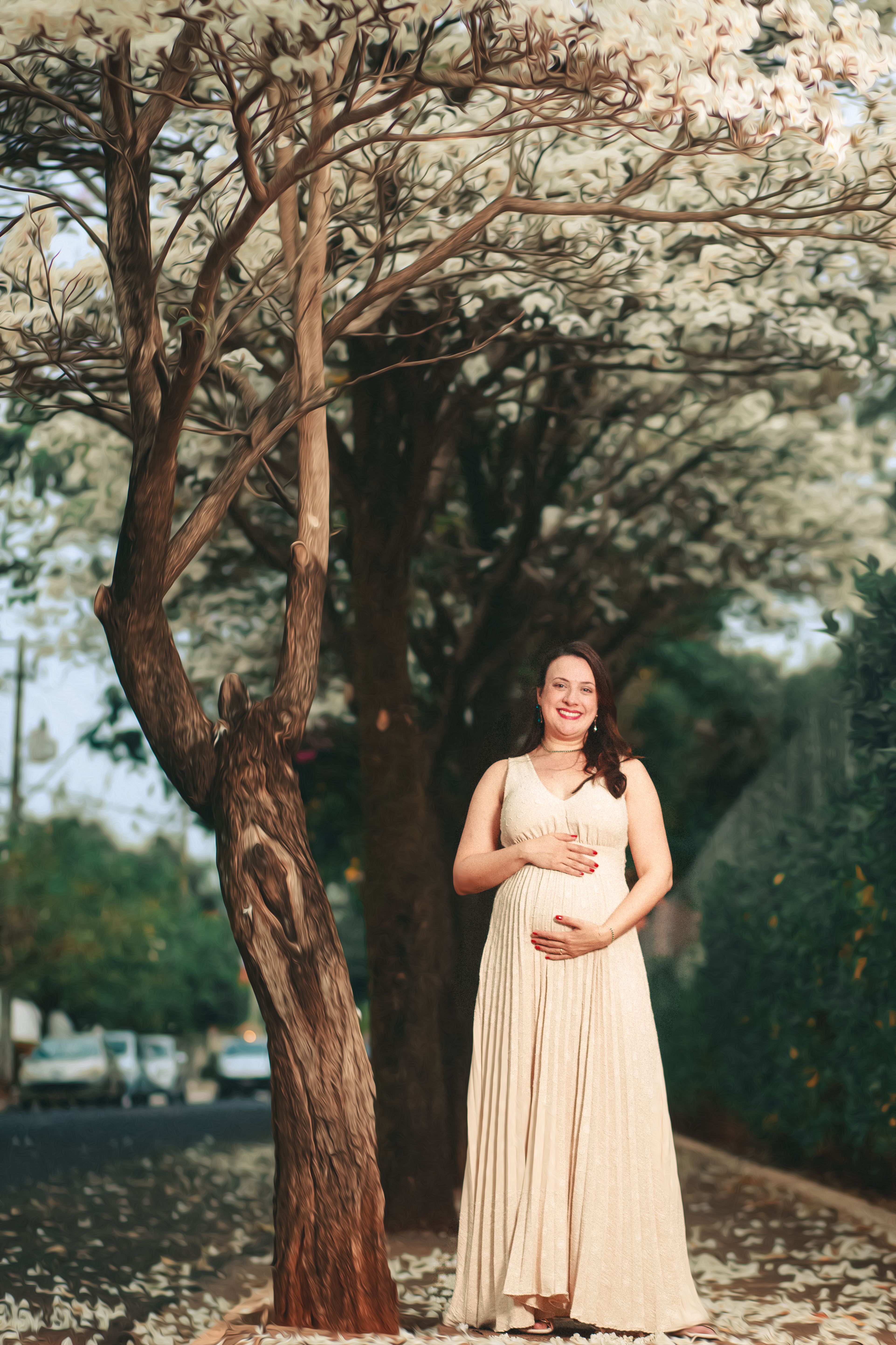 Smiling Pregnant Woman in Dress Posing under Trees on Sidewalk in ...