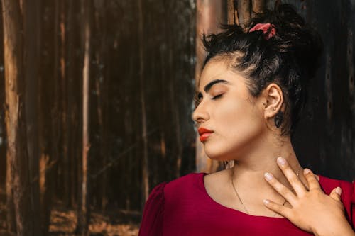 Brunette Wearing Red Lipstick