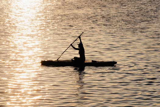 A lone paddleboarder silhouetted against a golden sunset on tranquil waters. Perfect for relaxing themes.