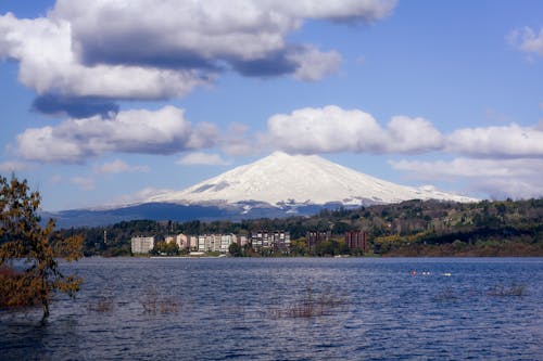 Lake Near Snowcapped Active Volcano