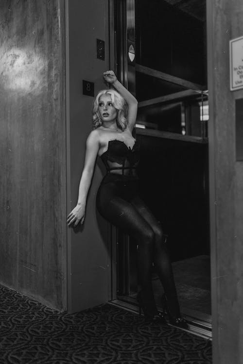 Beautiful Woman in Lingerie Posing Near Elevator