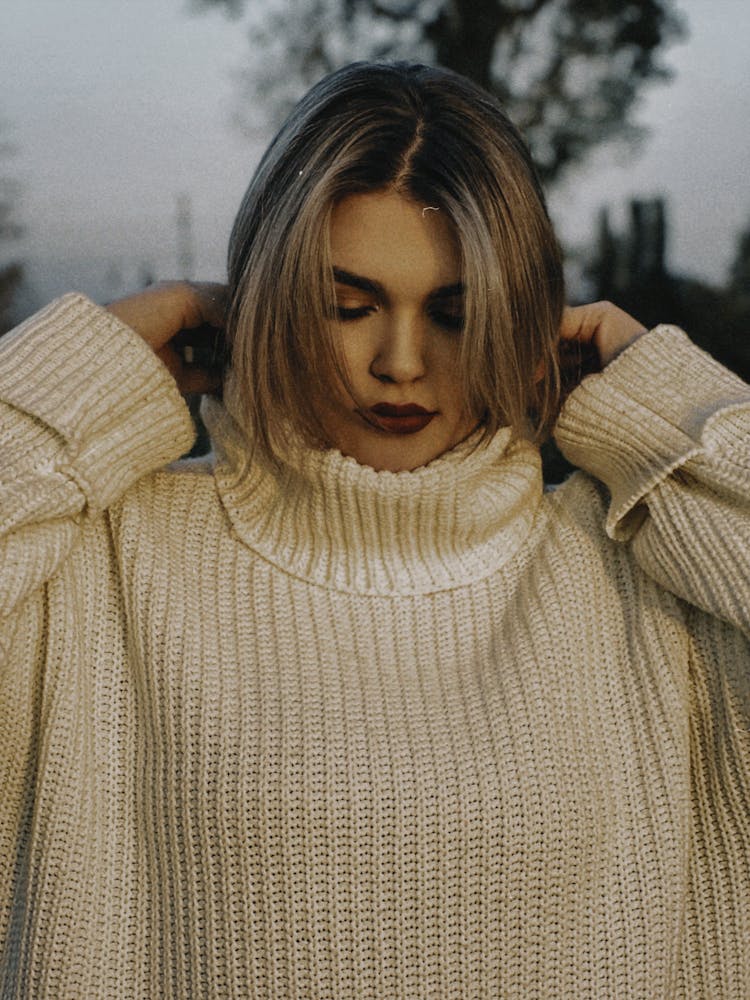 Woman In White Warm Turtleneck Sweater