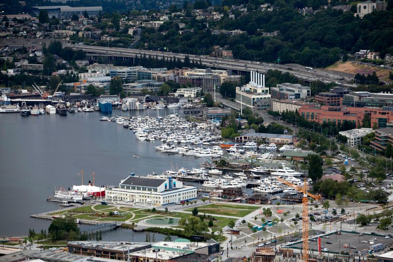 Lake Union marina Seattle with city skyline