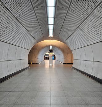 Explore the modern and symmetrical tunnel at Tottenham Court Road Station in London, England.