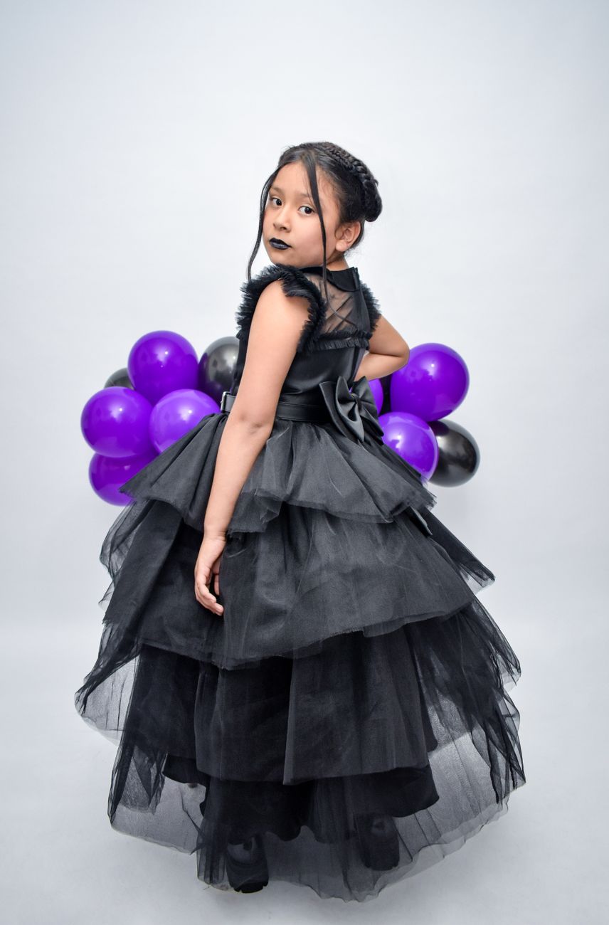 Young Layered Black Dress Purple Balloons
