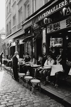 Black and white photo of people dining at a Parisian café, capturing classic street life.
